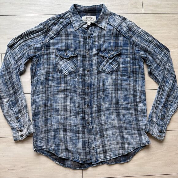 Ryan Michael Men's Large Western Shirt Button Up Blue Woven Plaid Long Sleeve - Picture 1 of 15